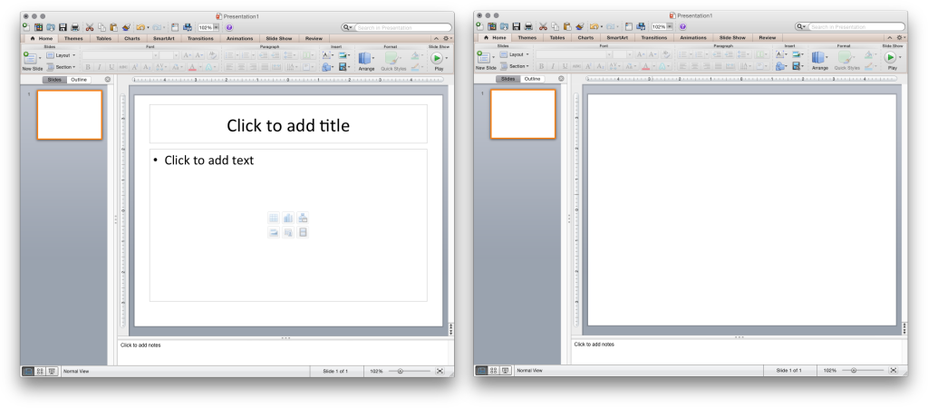 Left: Default PowerPoint template encourages poor practice. Right: Viewing PowerPoint as a blank canvas for display shapes, objects, and media is the best practice.